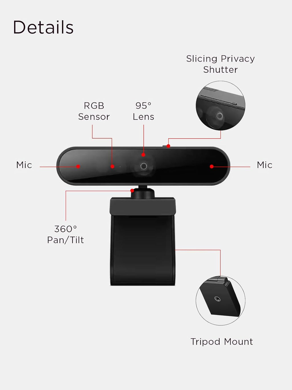 Lenovo Performance FHD 1080p USB-C Webcam with Windows Hello, Dual Mics, 95° Lens, 4X Zoom, Privacy Shutter, Black