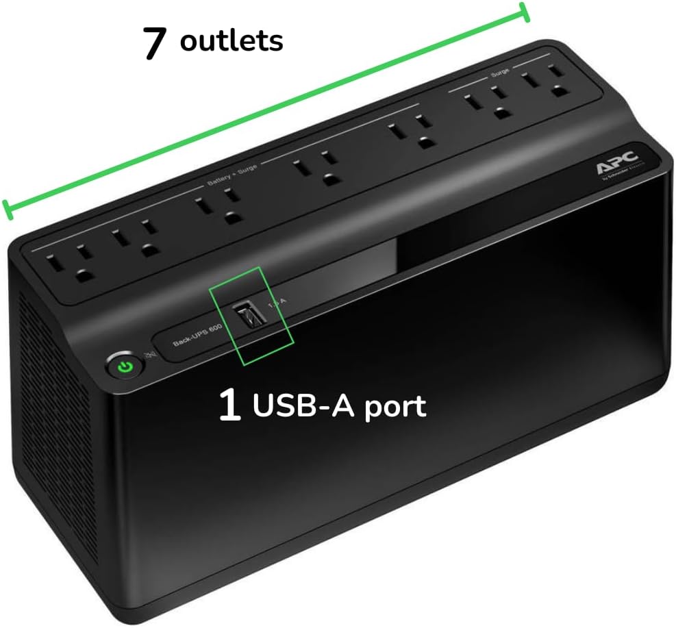 APC 600VA/330W UPS Battery Backup with Surge Protection, 7 Outlets and USB Charging