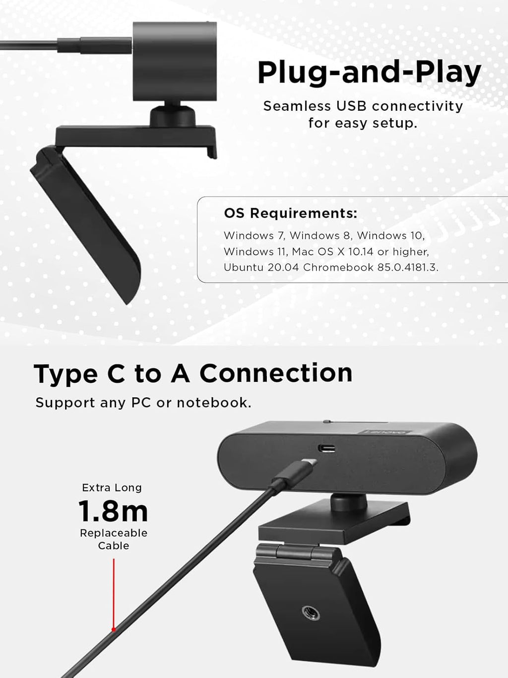 Lenovo Performance FHD 1080p USB-C Webcam with Windows Hello, Dual Mics, 95° Lens, 4X Zoom, Privacy Shutter, Black