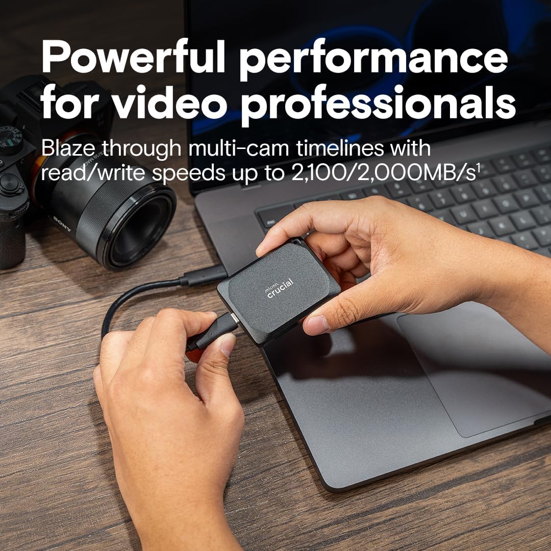 Crucial X10 Pro 4TB Portable External SSD, USB-C, Up to 2100MB/s Read and 2000MB/s Write, Durable Storage for PC, Mac, and Creators, Black