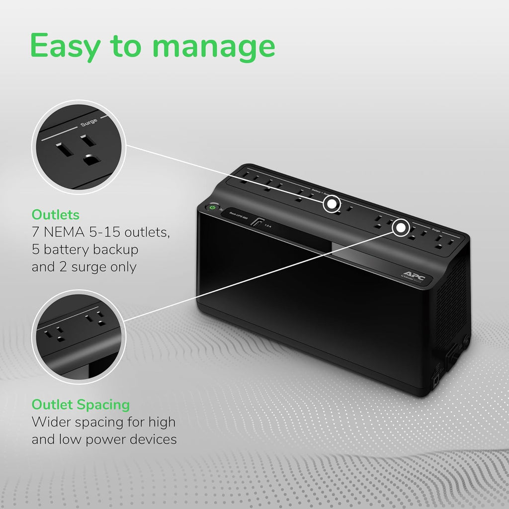 APC 600VA/330W UPS Battery Backup with Surge Protection, 7 Outlets and USB Charging