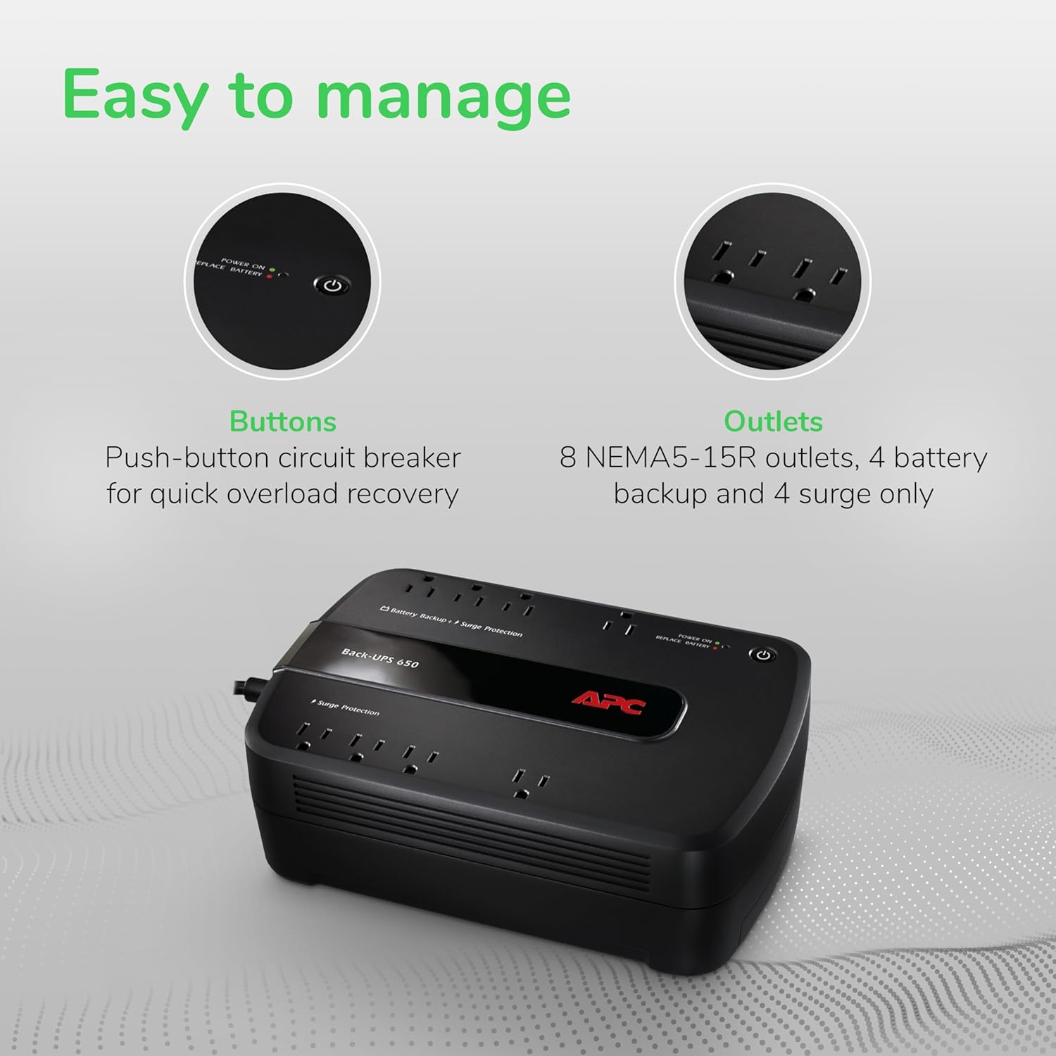 APC 600VA/330W UPS Battery Backup with Surge Protection, 7 Outlets and USB Charging
