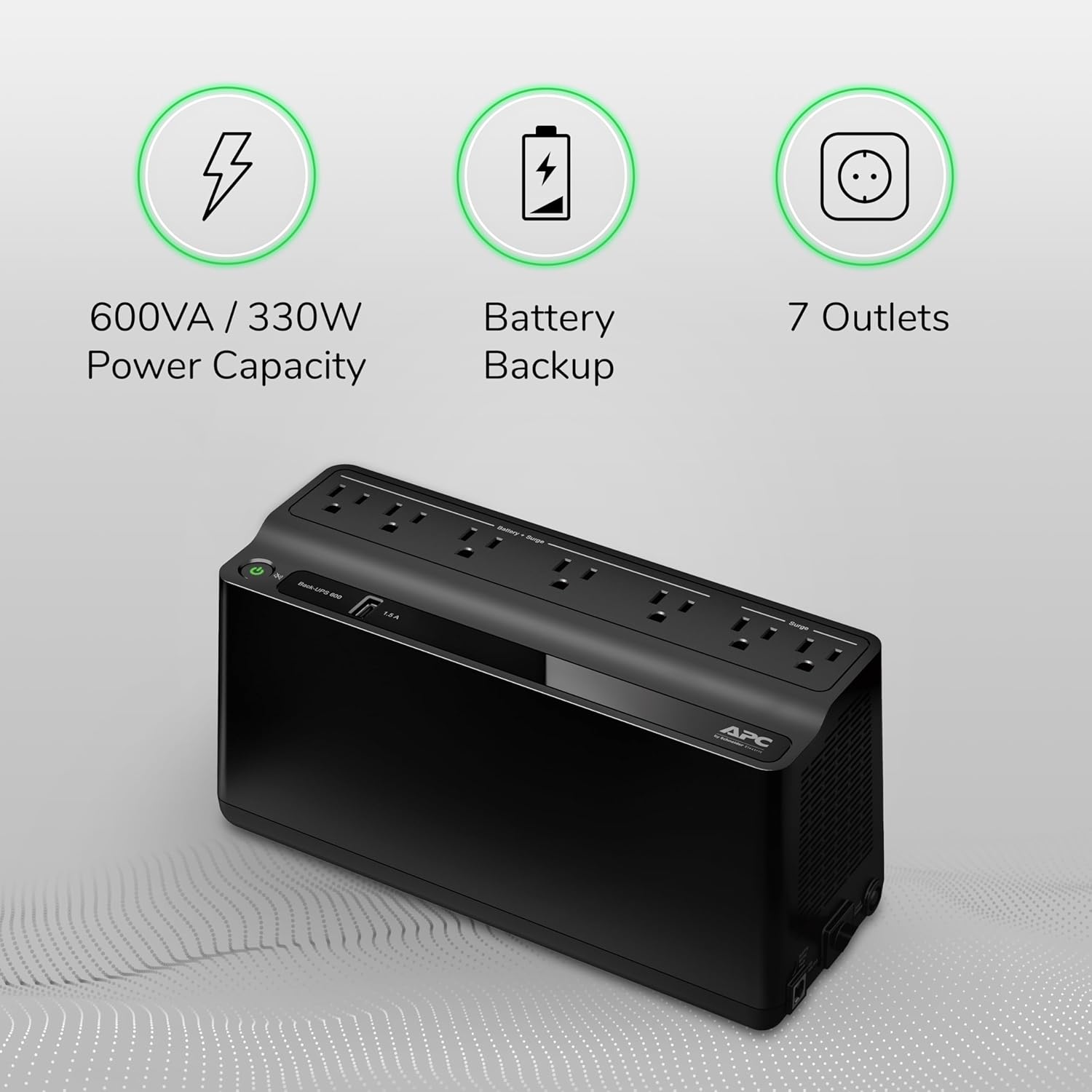 APC 600VA/330W UPS Battery Backup with Surge Protection, 7 Outlets and USB Charging