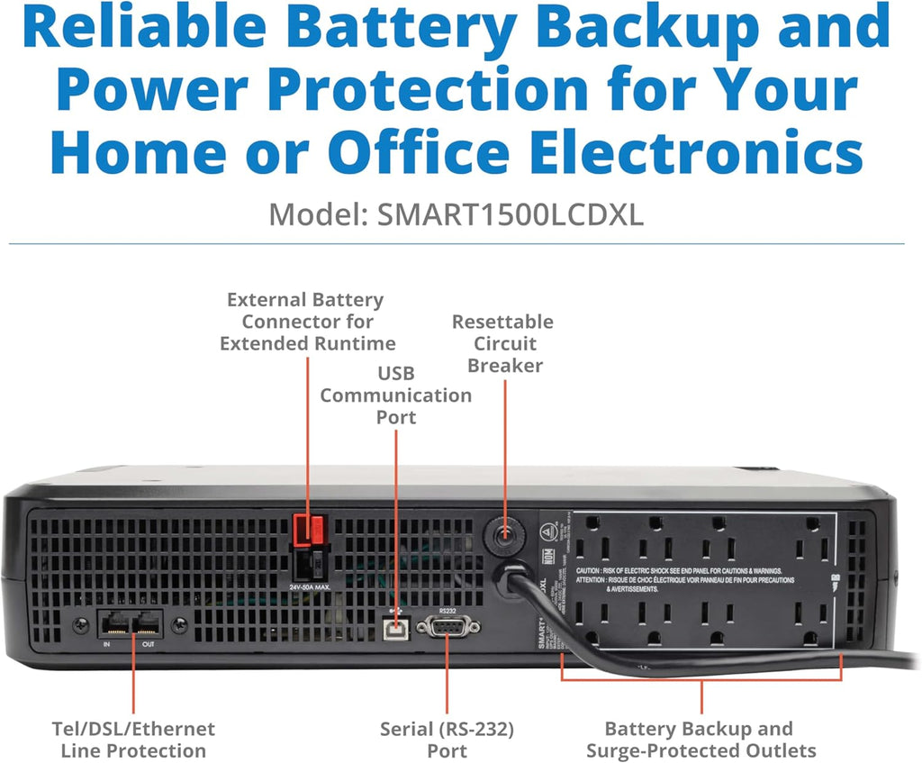 Tripp Lite SMART1500LCD 1500VA 900W Rack-Mount UPS Battery Backup, 8 Outlets, LCD, AVR, 2U Short-Depth