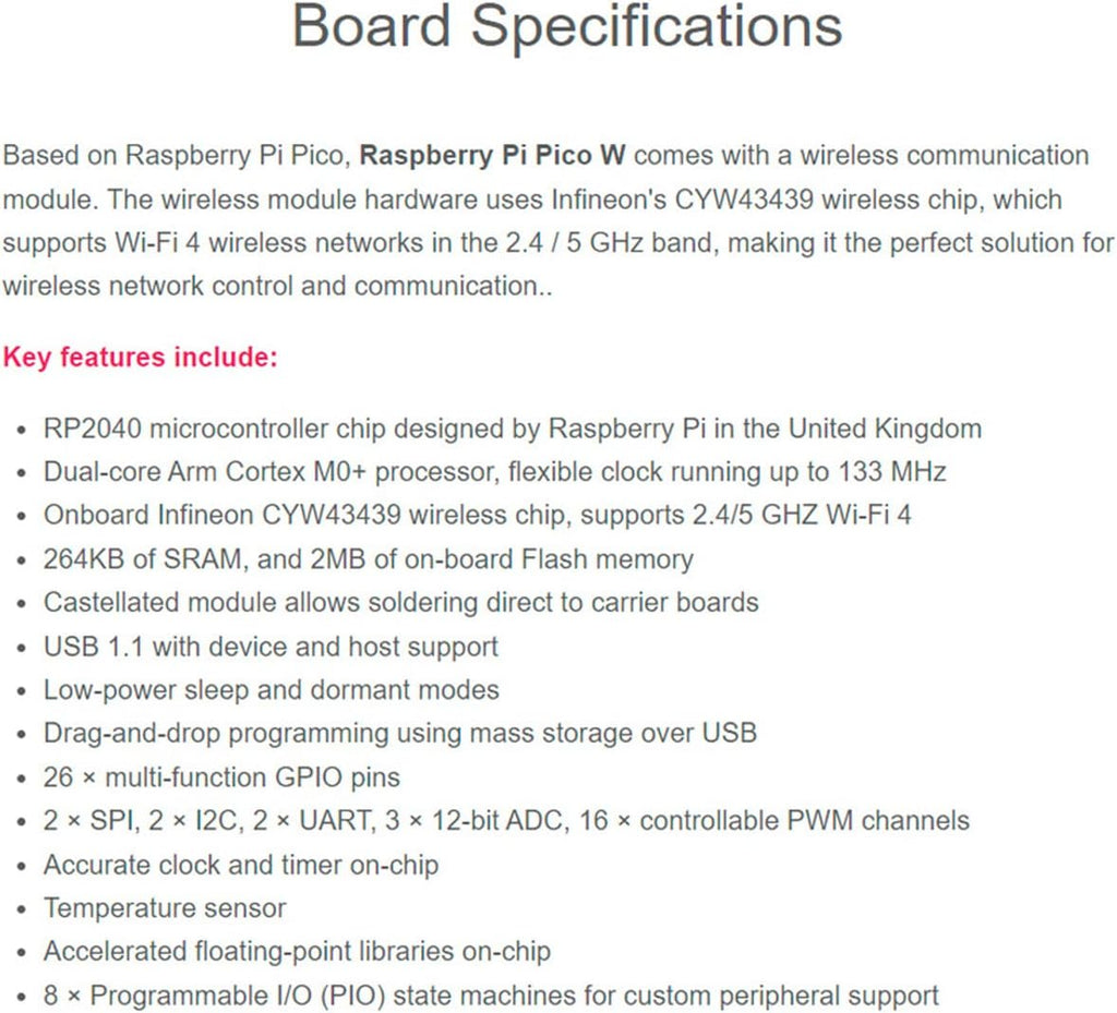 Raspberry Pi Pico W Single Board Computer with Pre-Soldered Header, Built-In Wi‑Fi 4, RP2040 Dual-Core Processor