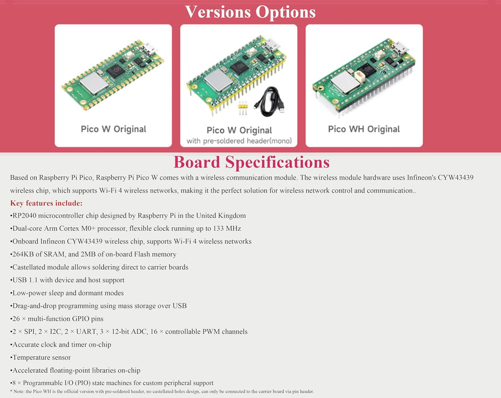 Raspberry Pi Pico W Pre-Soldered Header Kit with Case and USB Cable