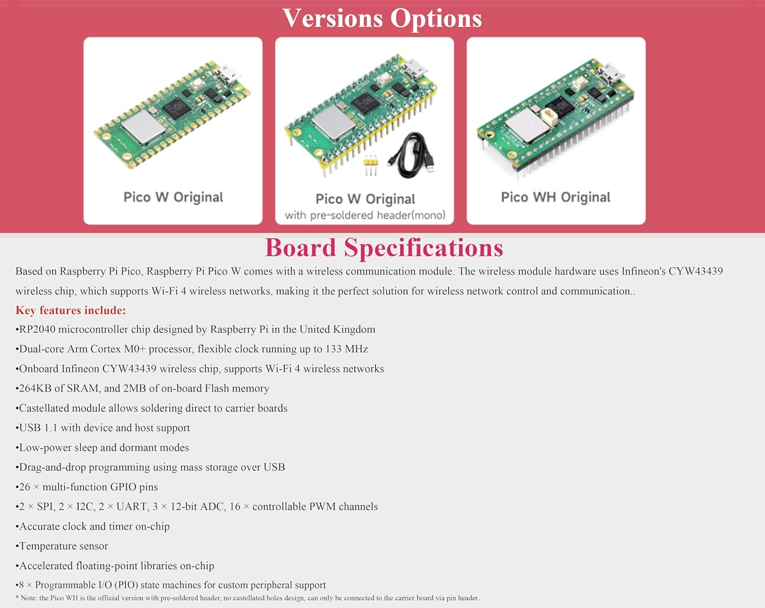 Raspberry Pi Pico W Pre-Soldered Header Kit with Case and USB Cable
