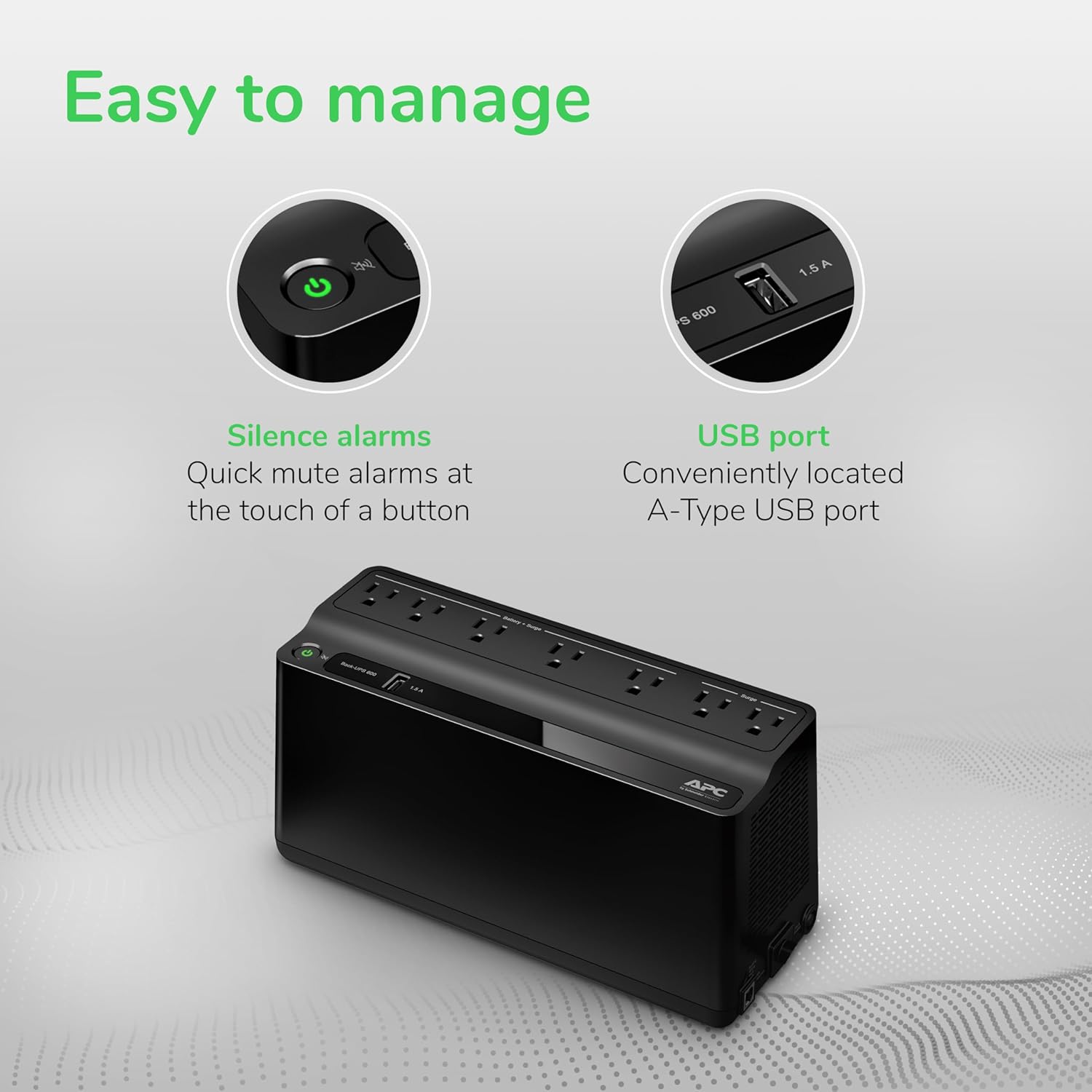 APC 600VA/330W UPS Battery Backup with Surge Protection, 7 Outlets and USB Charging