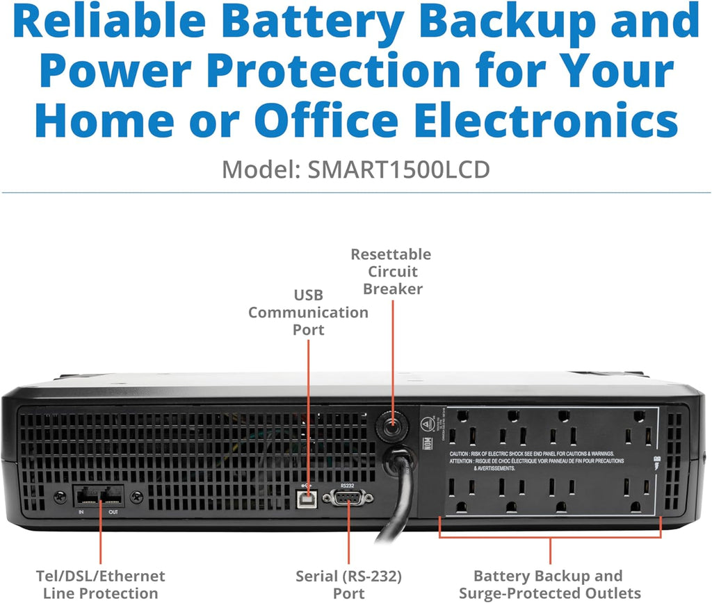 Tripp Lite SMART1500LCD 1500VA 900W Rack-Mount UPS Battery Backup, 8 Outlets, LCD, AVR, 2U Short-Depth