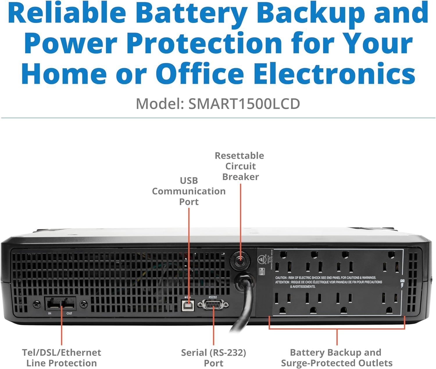 Tripp Lite SMART1500LCD 1500VA 900W Rack-Mount UPS Battery Backup, 8 Outlets, LCD, AVR, 2U Short-Depth