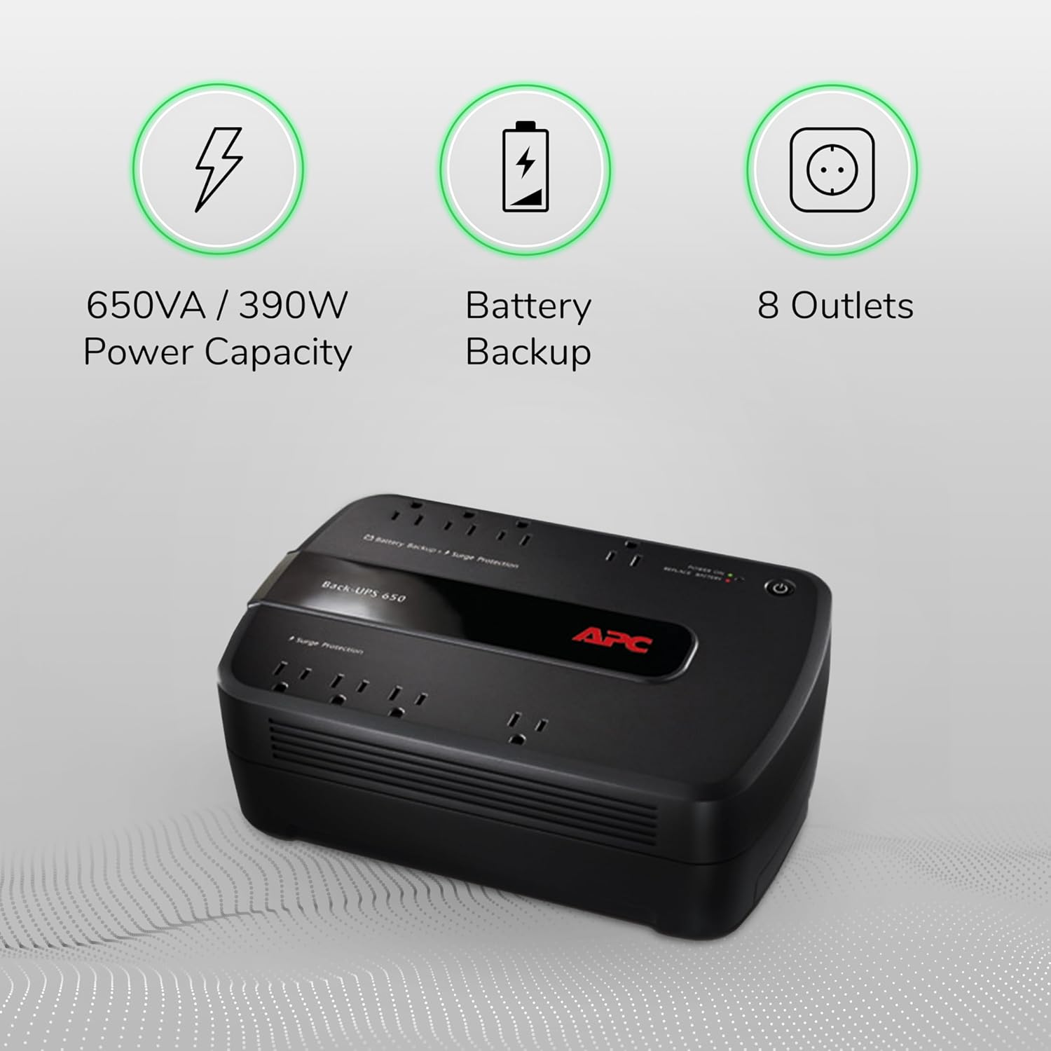 APC 600VA/330W UPS Battery Backup with Surge Protection, 7 Outlets and USB Charging